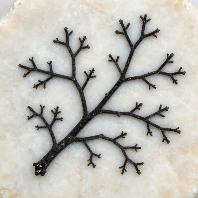 Intricate black branching mineral dendrites spread across a polished pale limestone slab in macro view.