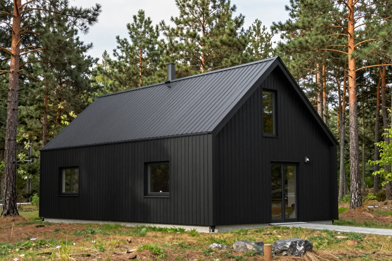 A sleek black timber-clad modern gable house sits surrounded by tall pine trees