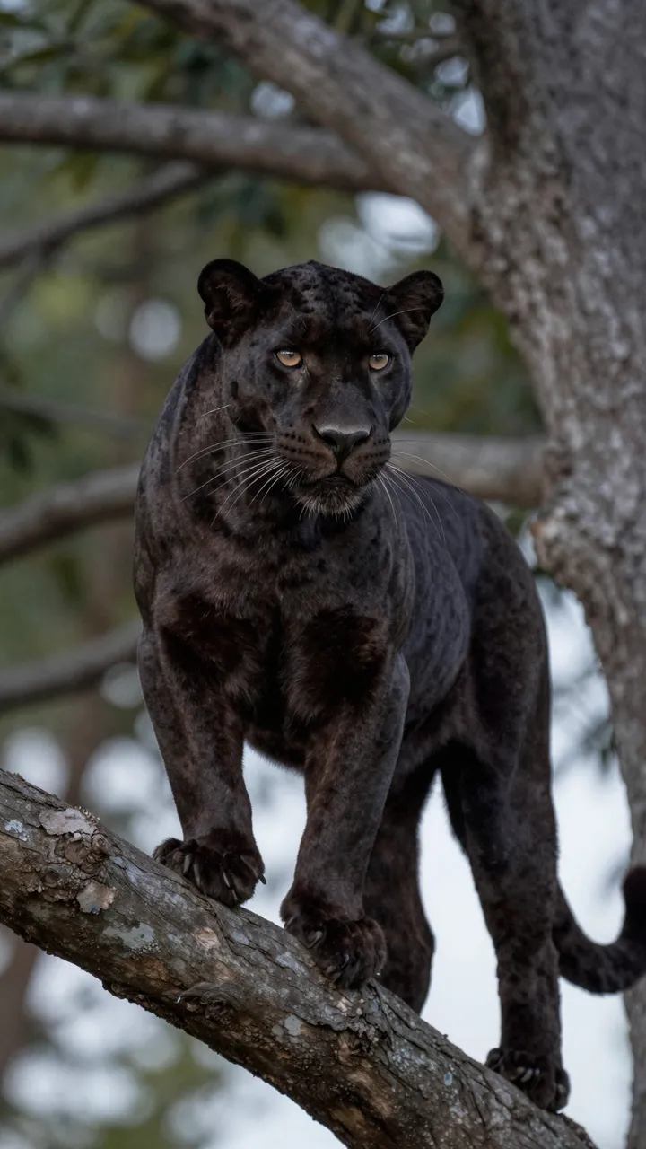 A black panther stands steadily on a rough tree branch, gazing directly at the viewer in a forest setting.