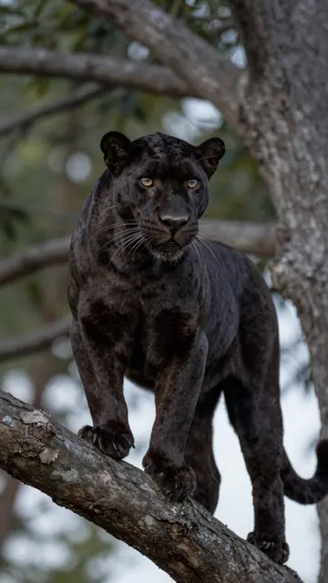 A black panther stands steadily on a rough tree branch, gazing directly at the viewer in a forest setting.