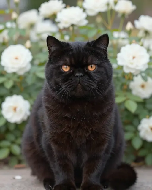 Flat-faced black Persian cat with copper eyes sits before a bush of blooming white roses