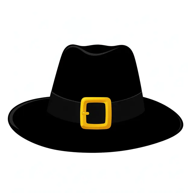 Flat clipart of a black pilgrim hat with a gold buckle isolated on a plain white background