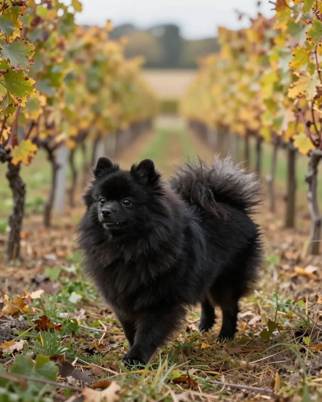 Fluffy black Pomeranian trotting along a grassy row between autumn grapevines