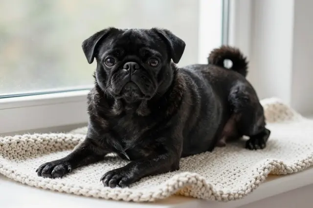 A black pug lies on a knitted cream blanket atop a sunlit windowsill, looking toward the camera.