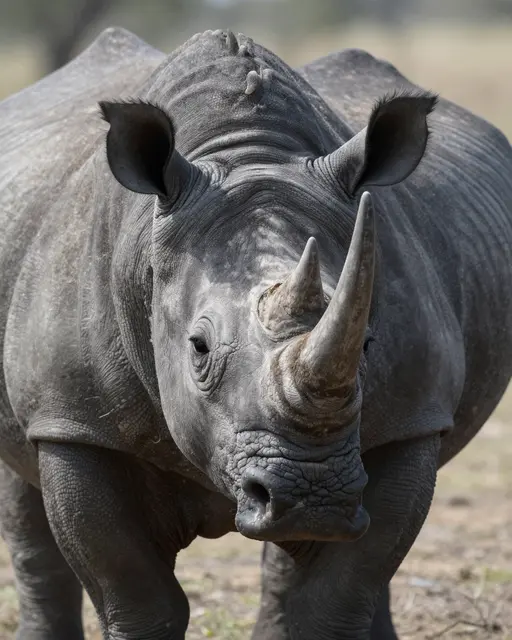 A close-up frontal portrait of a two-horned black rhinoceros standing in savanna terrain facing the viewer