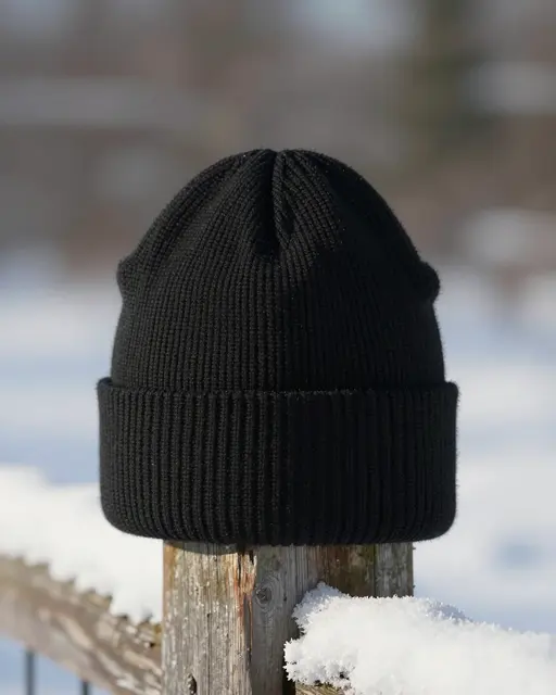 Plain black ribbed knit beanie resting on a snow-dusted wooden fence post in bright winter sunlight