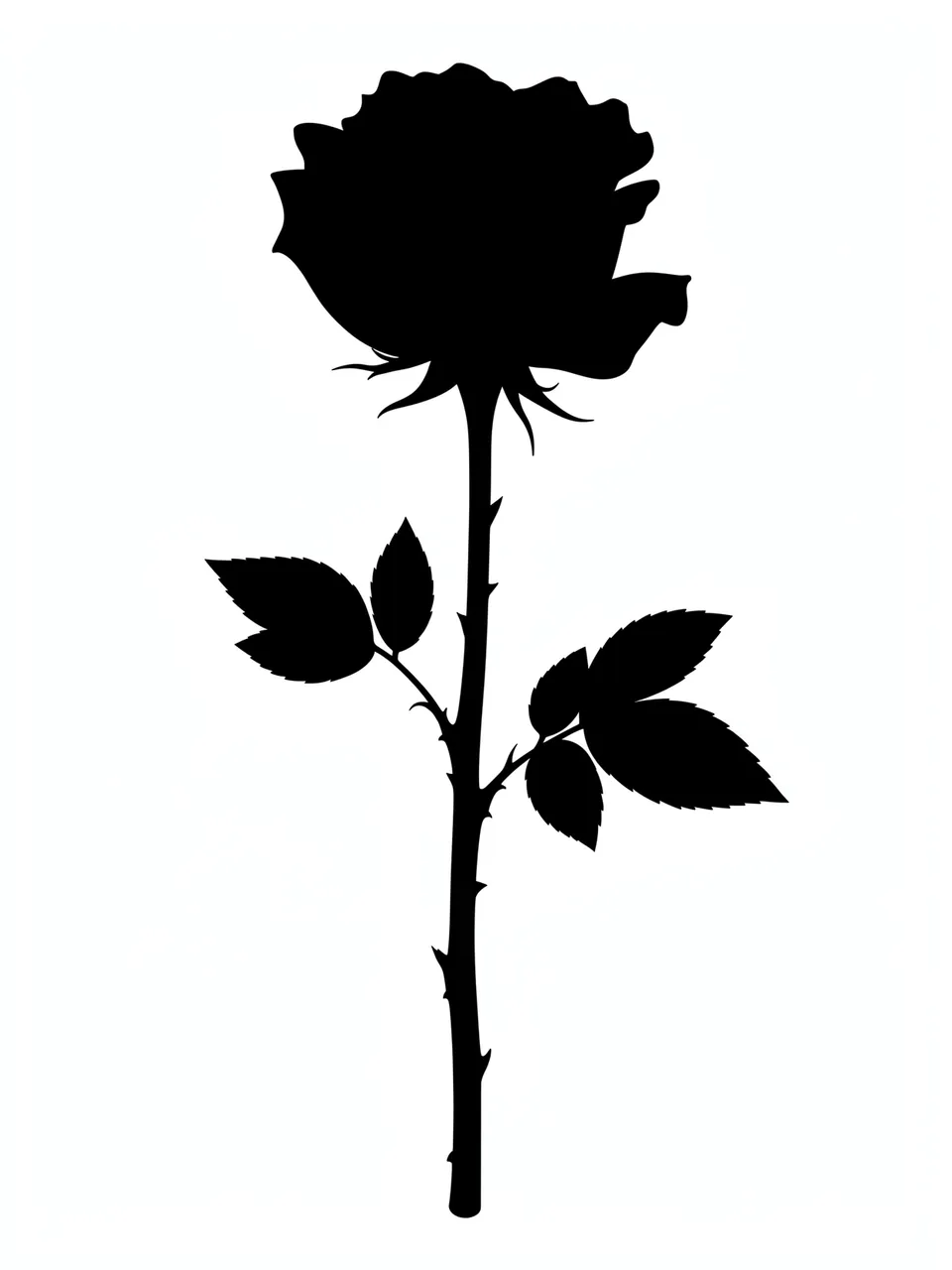 Solid black long-stemmed rose silhouette with thorns and leaves on a plain white background