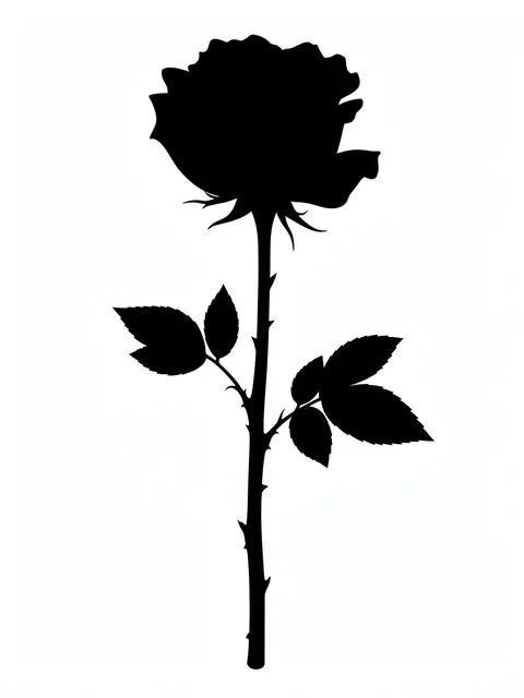 Solid black long-stemmed rose silhouette with thorns and leaves on a plain white background