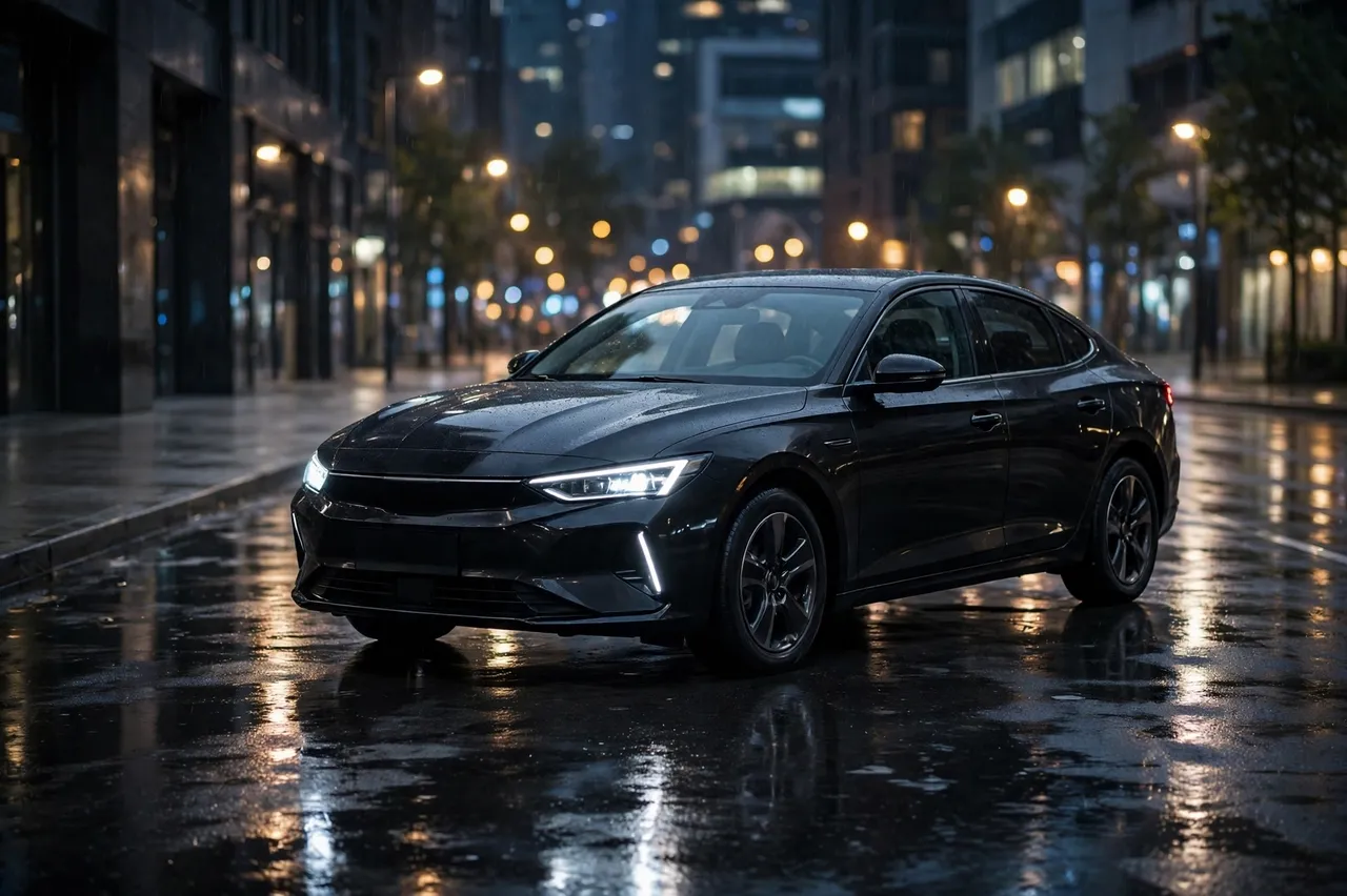 A modern black sedan sits on a glistening wet empty city street at night with soft bokeh street light reflections.