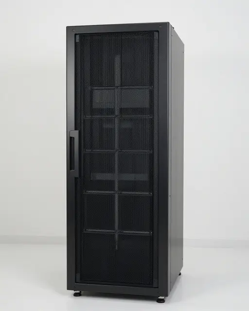 A tall black mesh-front server rack stands in an empty plain white room under even soft light.