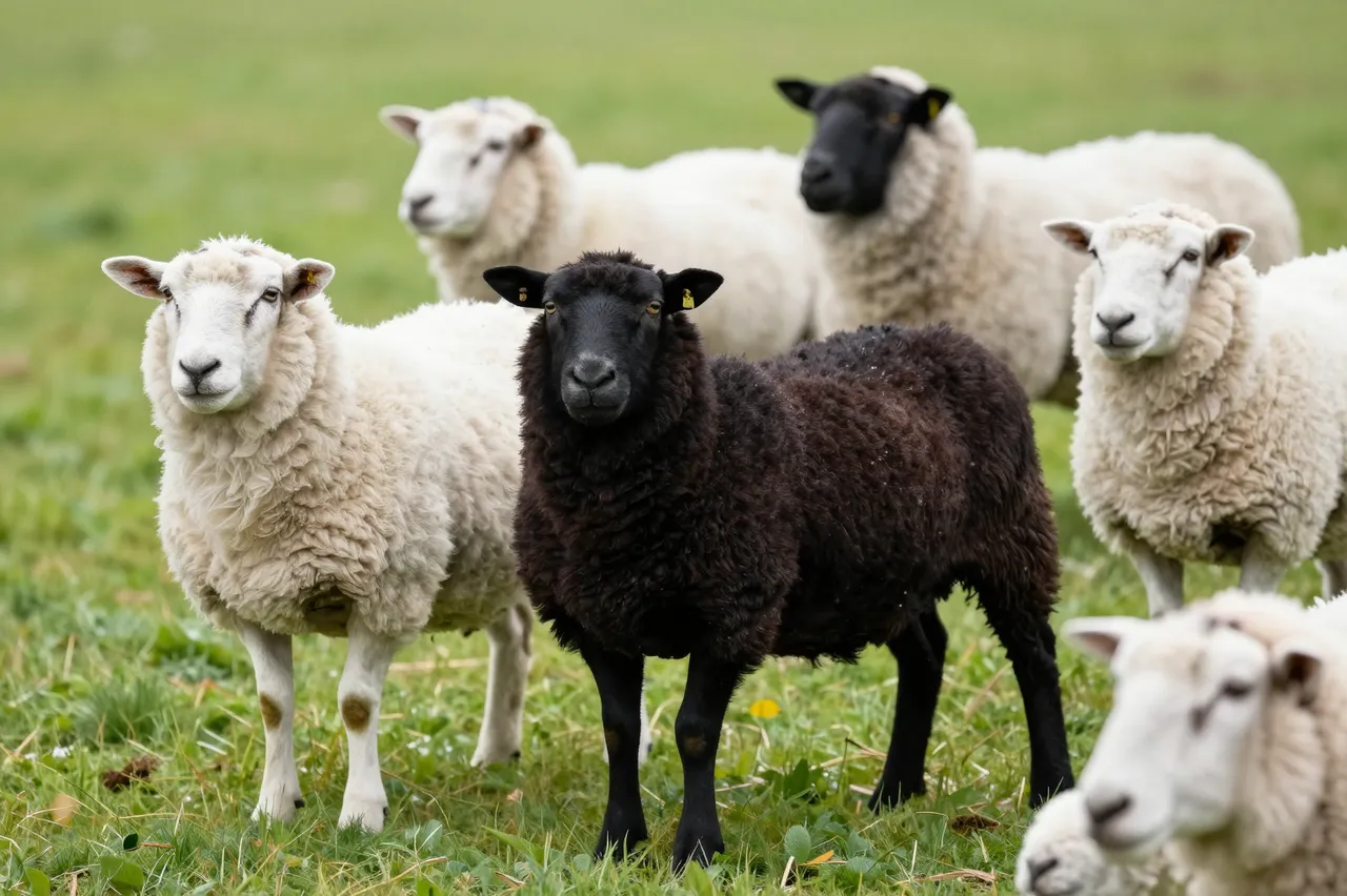 A black sheep stands at the center of a group of white sheep in a green grassy meadow.