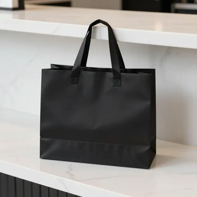 Plain black ribbon-handle shopping bag resting on a white marble countertop