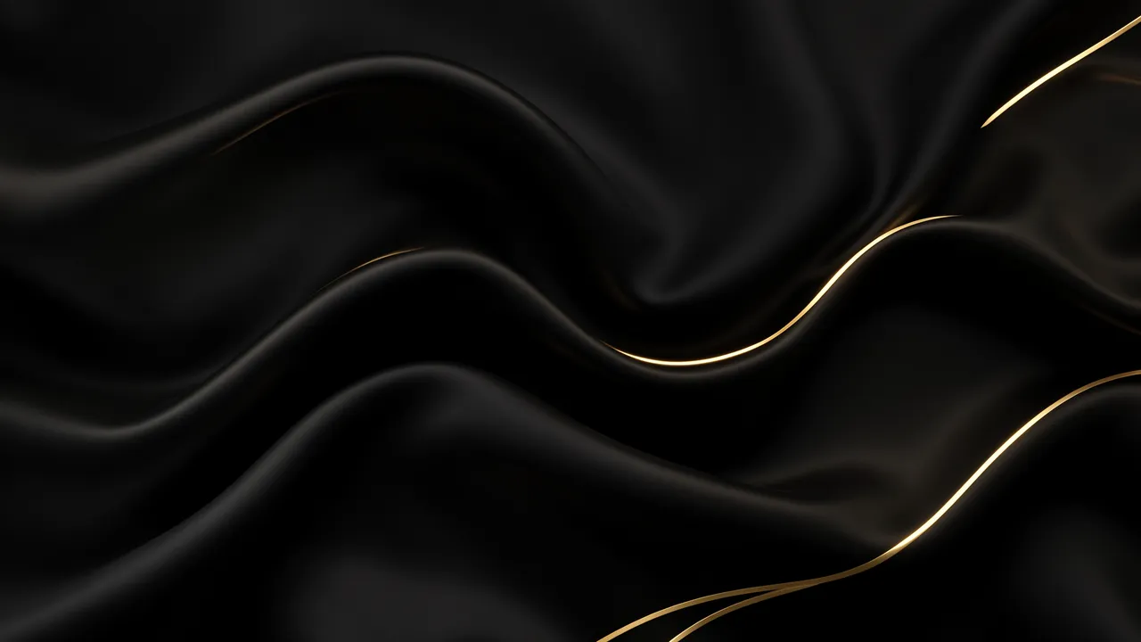 Flowing black silk fabric waves with thin glowing gold edge highlights against a dark background