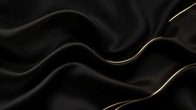 Flowing black silk fabric waves with thin glowing gold edge highlights against a dark background