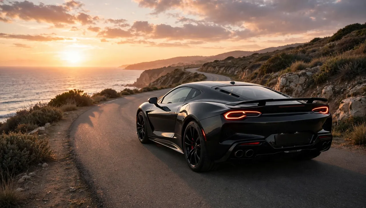 Three-quarter rear view of a black sports car parked on a winding coastal road at golden sunset