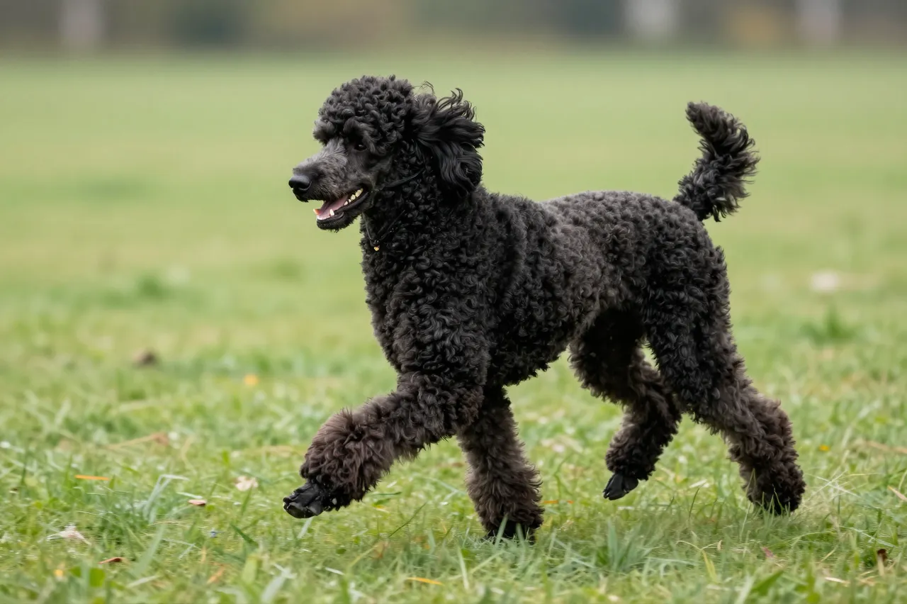 A curly coated black standard poodle trots briskly across a lush green grass lawn