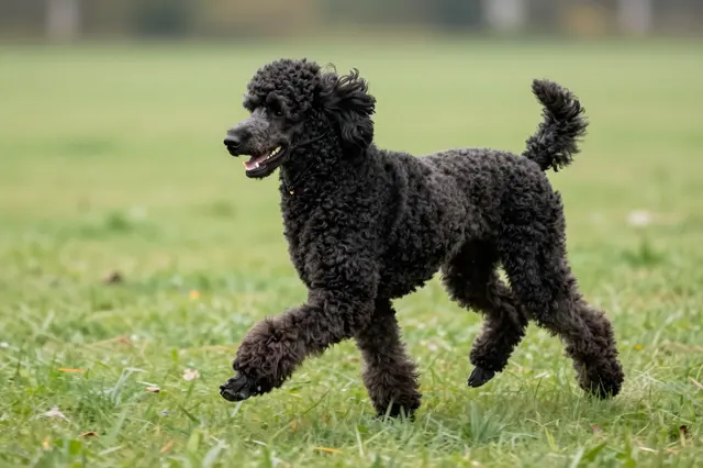 A curly coated black standard poodle trots briskly across a lush green grass lawn