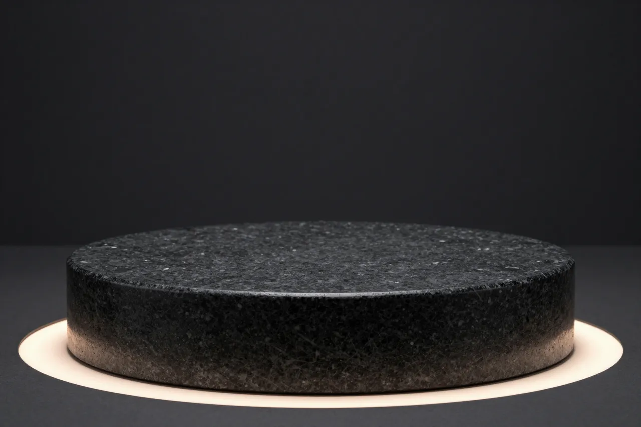 Round speckled black stone display podium with warm rim lighting on a dark background