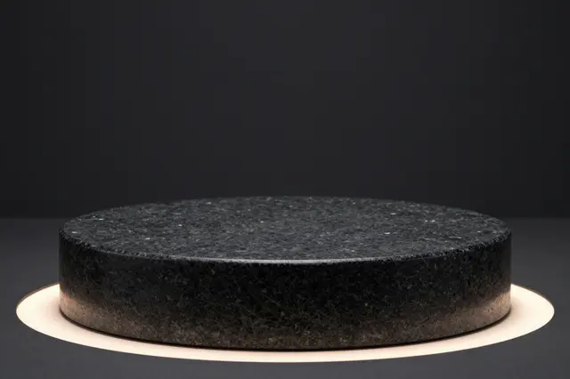 Round speckled black stone display podium with warm rim lighting on a dark background