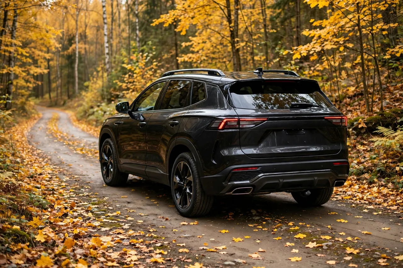 A black modern SUV sits parked on a leaf-strewn dirt forest road in golden autumn woodland, viewed from a three-quarter rear
