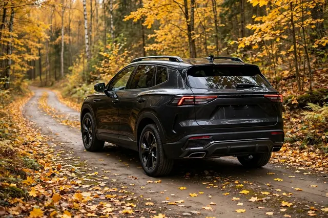 A black modern SUV sits parked on a leaf-strewn dirt forest road in golden autumn woodland, viewed from a three-quarter rear