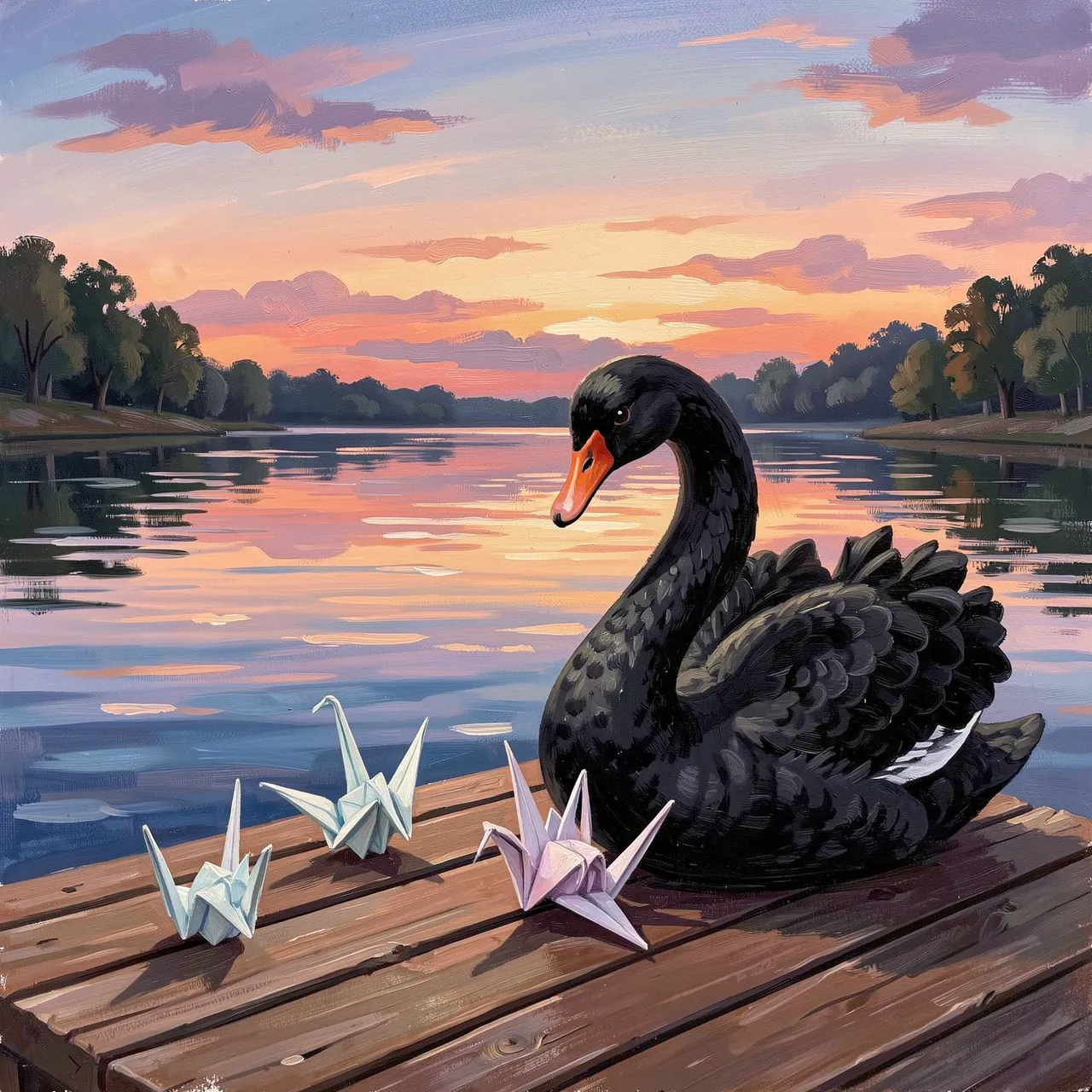 A gouache painting of a black swan sitting on a lakeside wooden deck with paper cranes at dusk