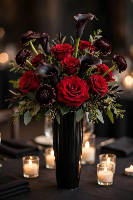 Tall ridged black vase holds deep red roses, black calla lilies and dark ranunculus, surrounded by lit tealight candles on a
