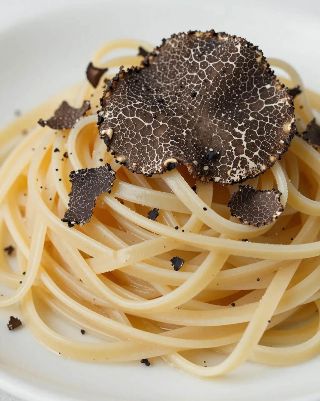 Close-up of fresh pasta topped with thin sliced black truffle on a white ceramic plate