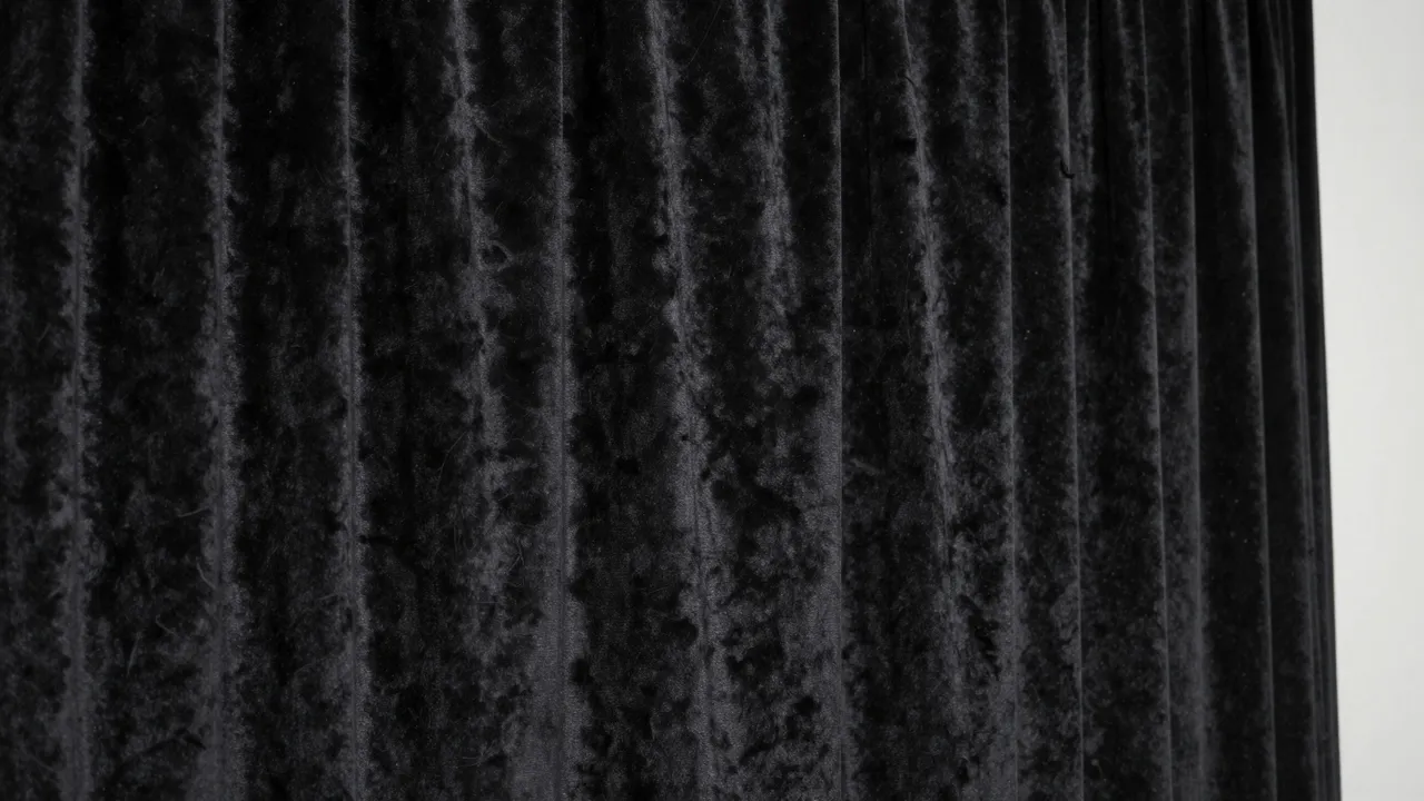 Pleated black velvet fabric catches soft light with a narrow plain white edge on the right side
