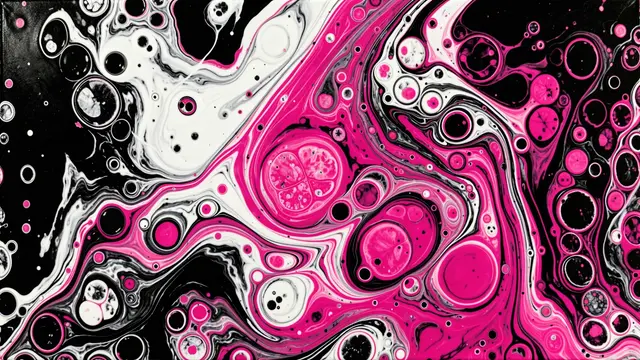 Swirling abstract acrylic pour pattern in bold black, white, and bright hot pink with distinct rounded cells