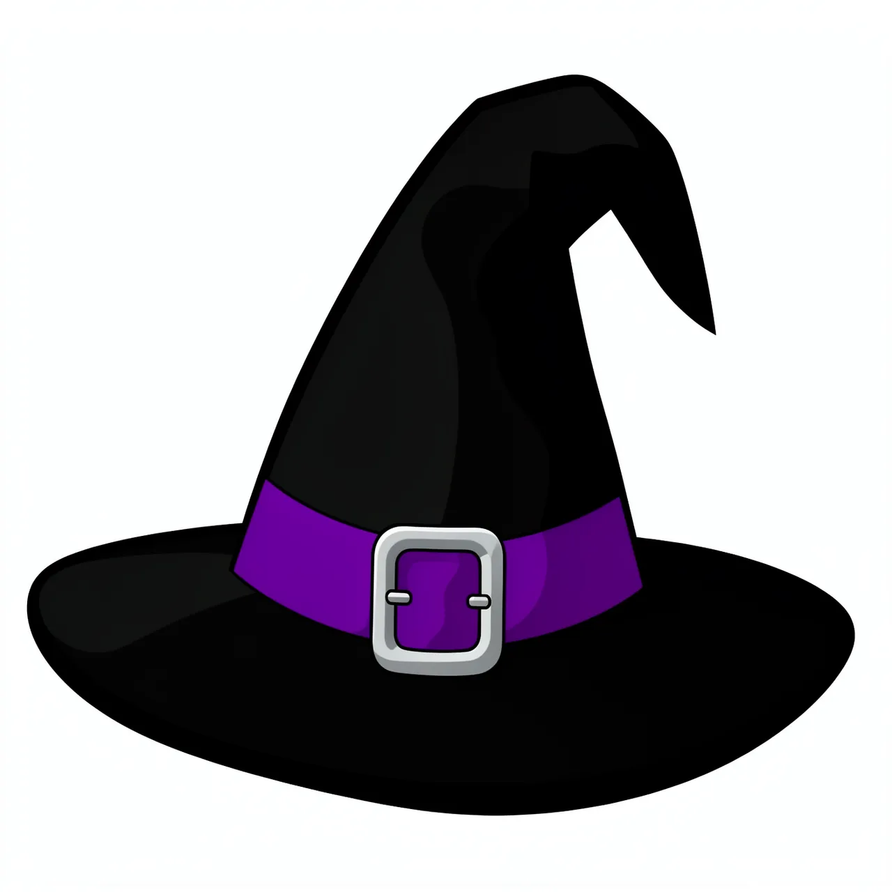 Flat cartoon clipart of a black witch hat with a purple band and silver buckle on a plain white background