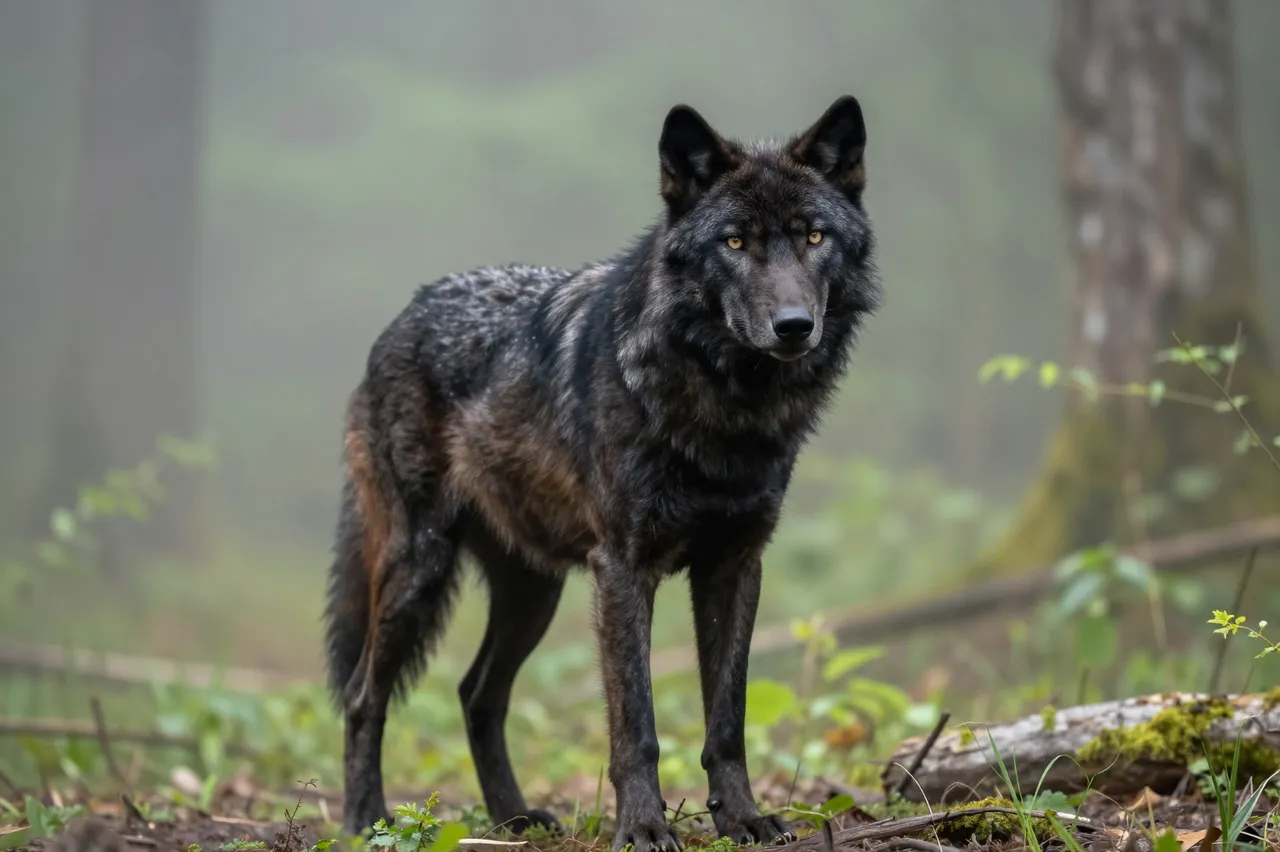 A dark furred black wolf stands alert facing the camera in a foggy woodland