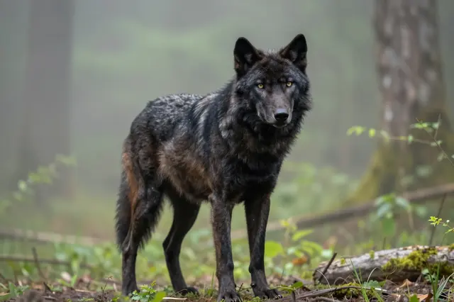 A dark furred black wolf stands alert facing the camera in a foggy woodland