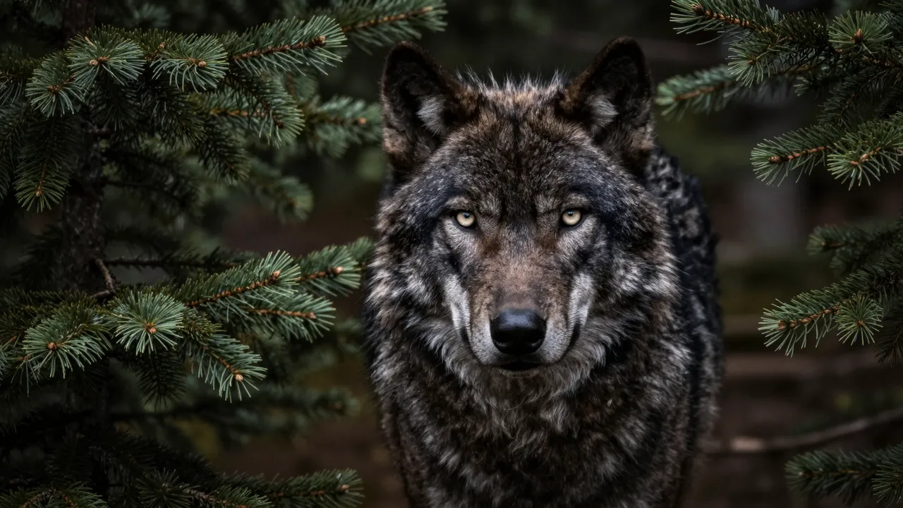 Close portrait of a dark wolf with pale golden eyes peering through evergreen fir branches in low dim light