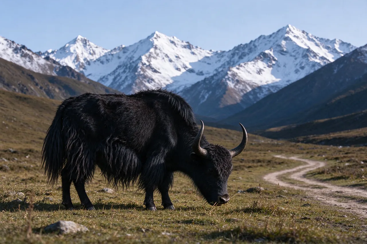 A long-haired black yak grazes on an alpine plateau below snow-capped mountains in clear morning light