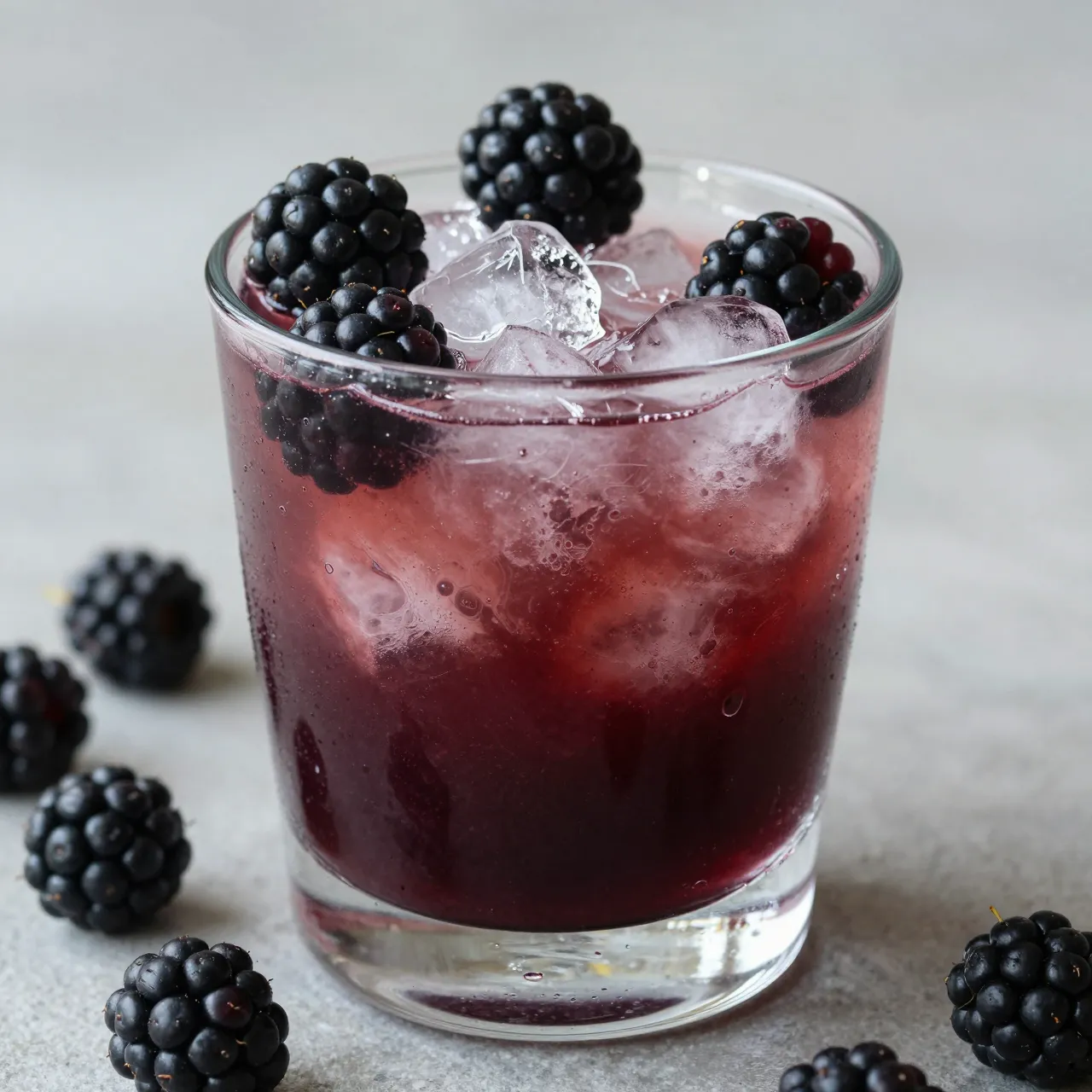 Short glass of berry mocktail with ice and fresh blackberries on a gray surface