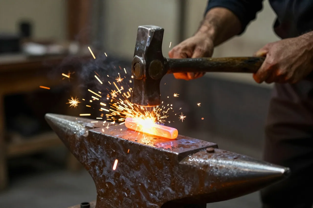 A blacksmith strikes glowing hot metal on an anvil, sending bright sparks flying outward.