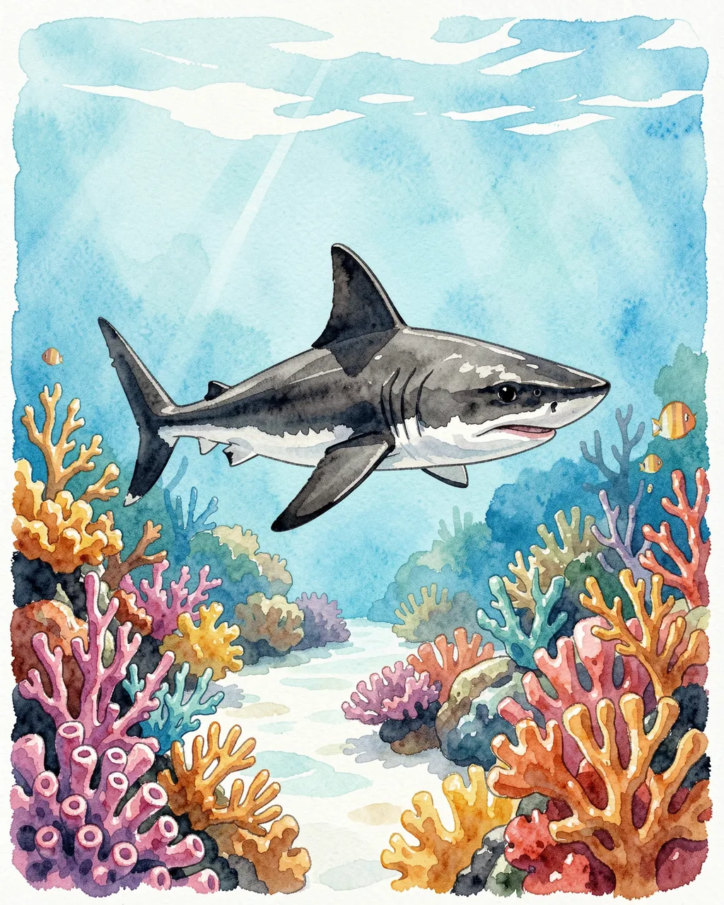 Watercolor illustration of a shark swimming over a vibrant shallow coral reef under sunlit water.
