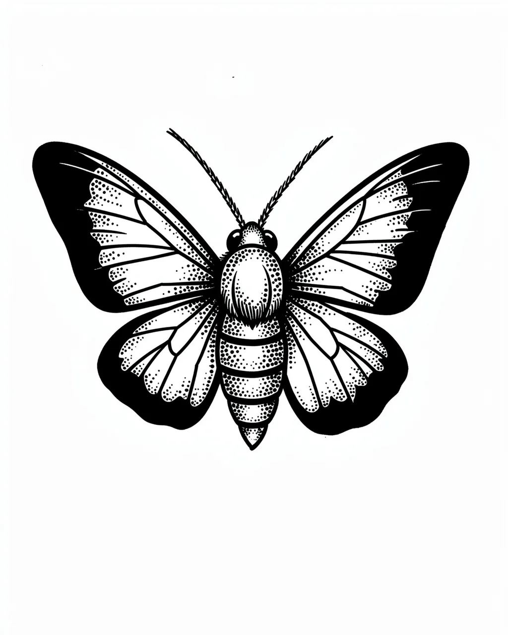 Symmetrical blackwork moth illustration with dotwork shading on a plain white background