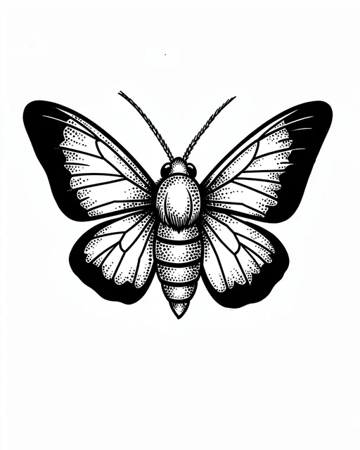Symmetrical blackwork moth illustration with dotwork shading on a plain white background