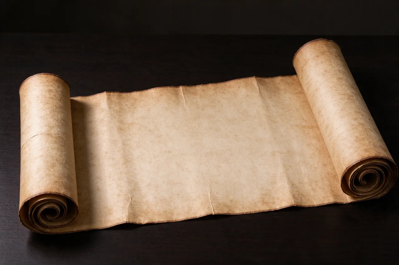 Partially unrolled old parchment scroll resting flat on a dark wooden table