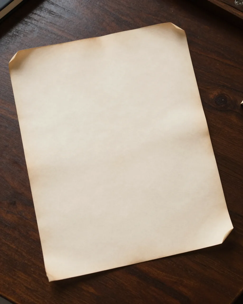 A blank aged parchment sheet with curled edges rests on a dark walnut wooden desk