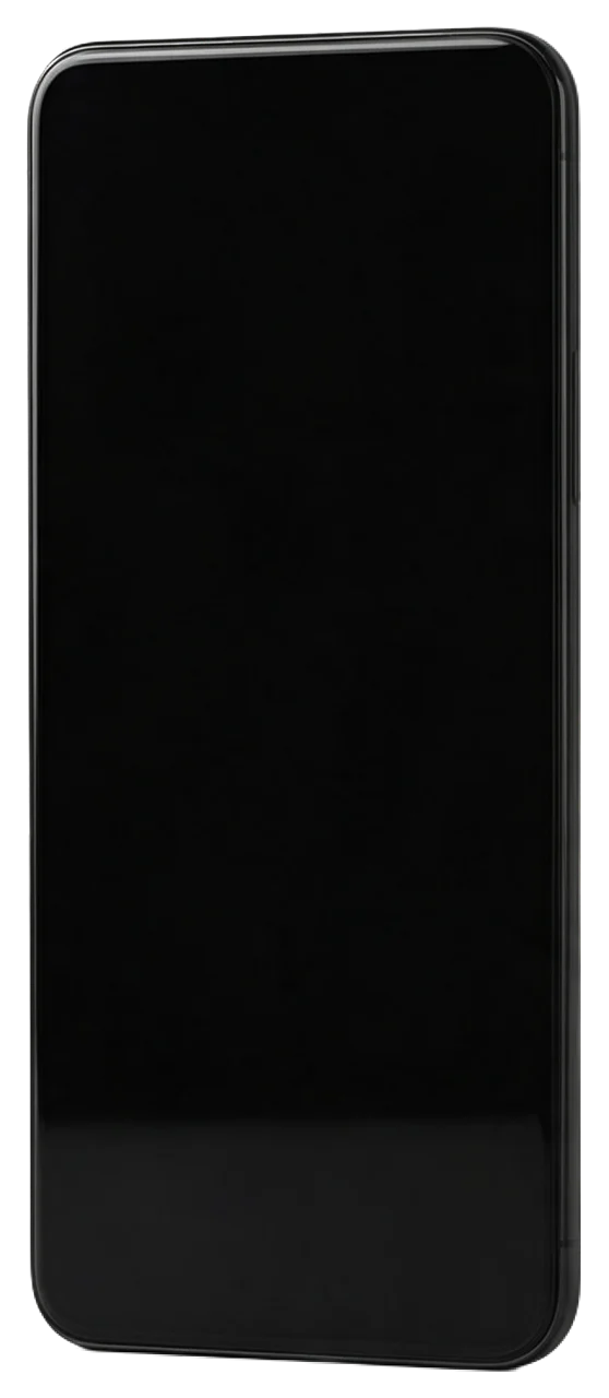 Unbranded modern smartphone with a blank black screen shown upright from a slight front angle