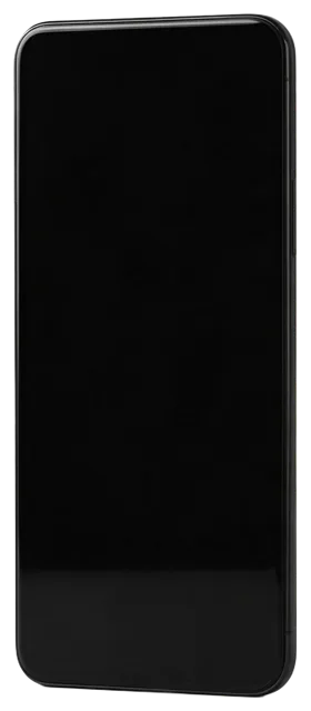 Unbranded modern smartphone with a blank black screen shown upright from a slight front angle