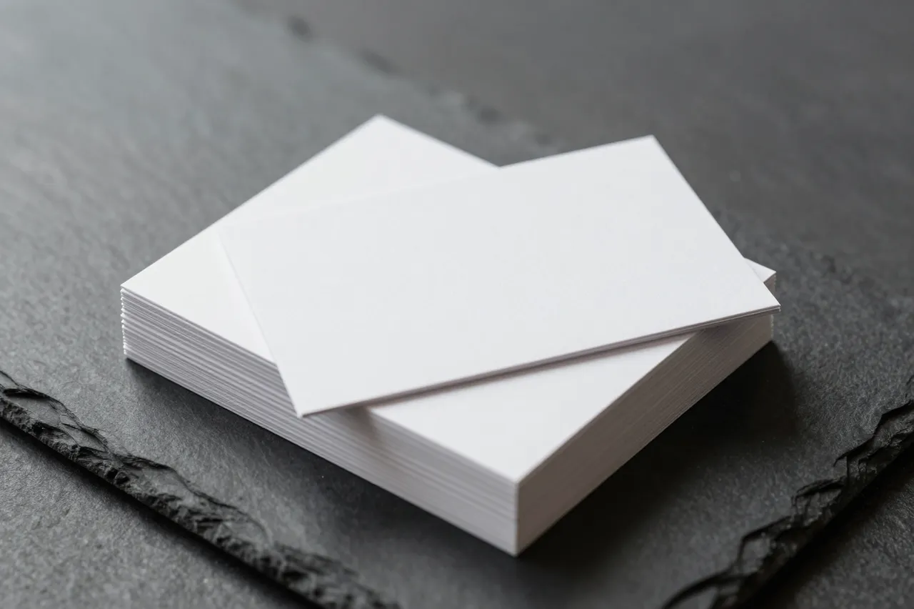 A stack of blank white business cards rests on a dark textured slate surface with soft side lighting.