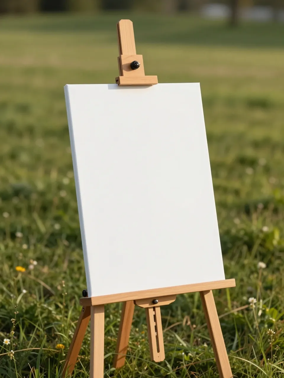 A wooden easel with a blank white canvas stands in a sunlit wildflower meadow at golden hour
