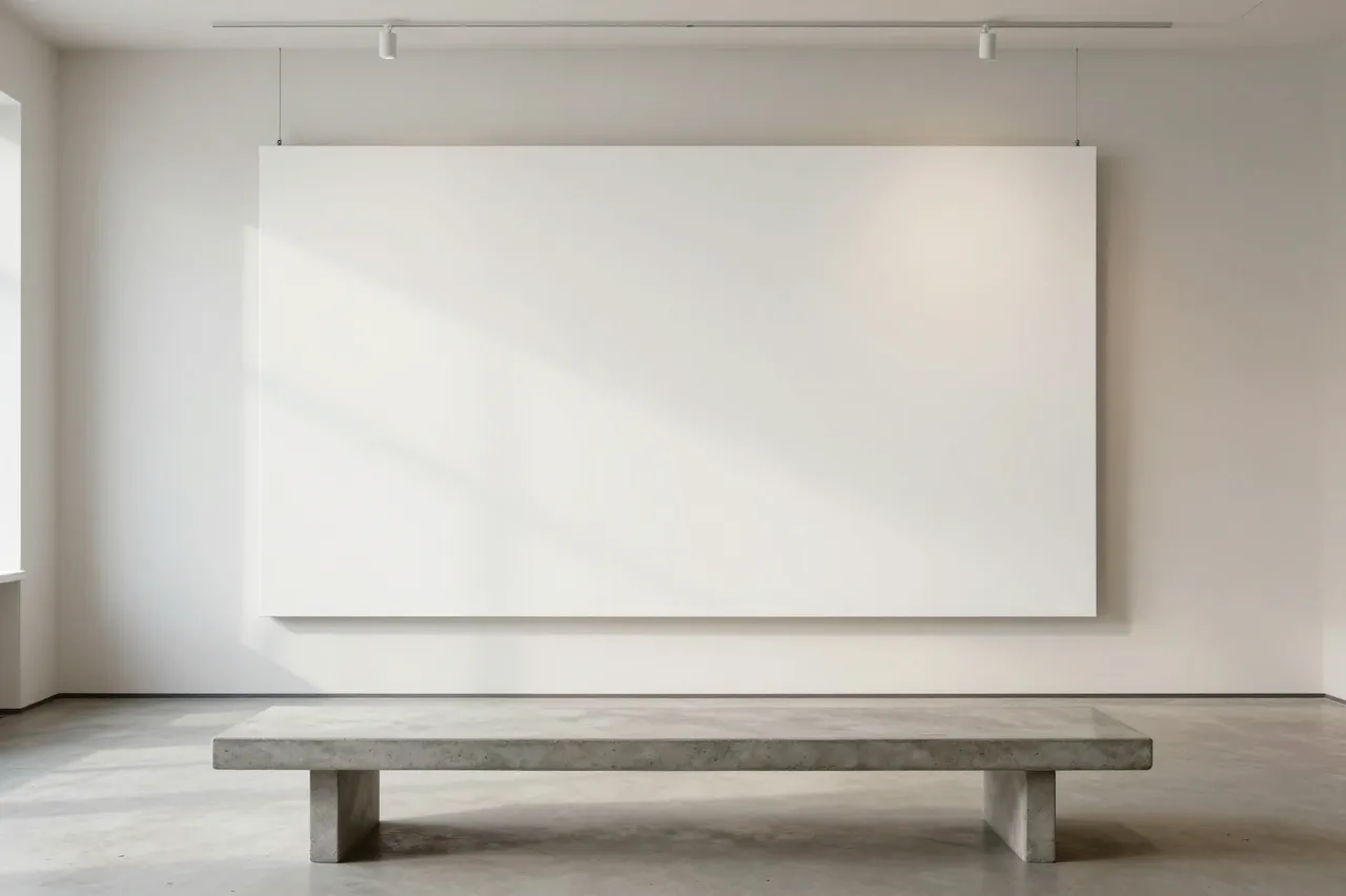 A large blank stretched canvas hangs above a concrete bench in a minimalist bright gallery room