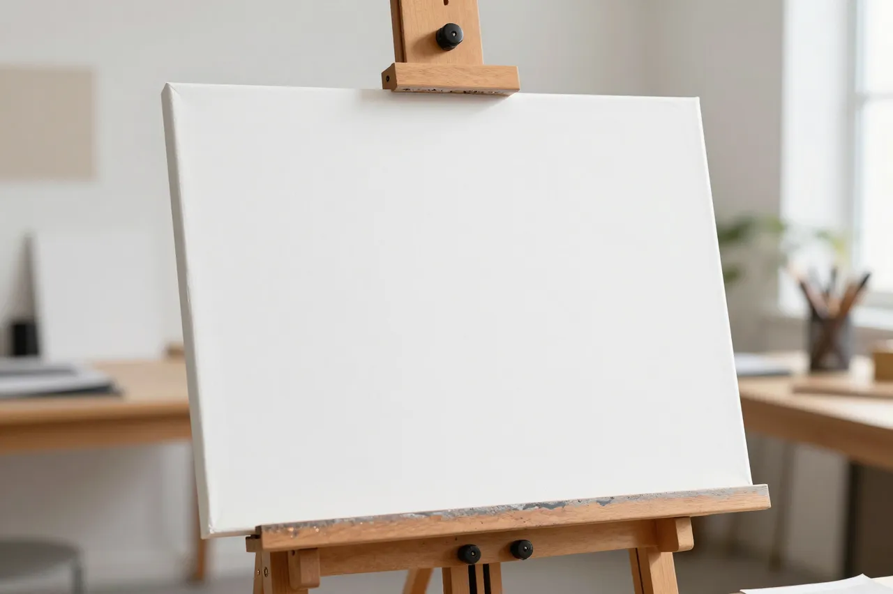 A blank white canvas sits on a wooden easel in a bright sunlit art studio