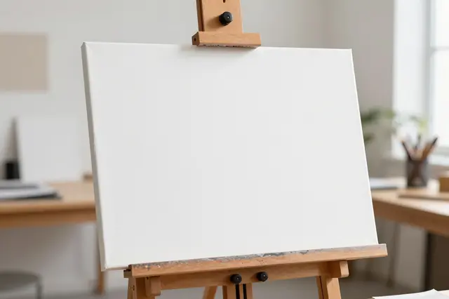 A blank white canvas sits on a wooden easel in a bright sunlit art studio