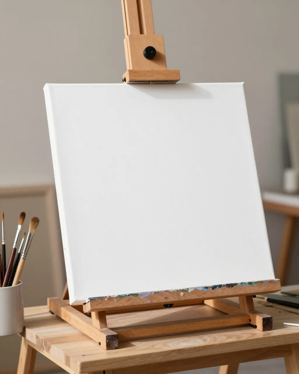 A blank white canvas sits on a wooden easel beside paintbrushes in a sunlit art studio.
